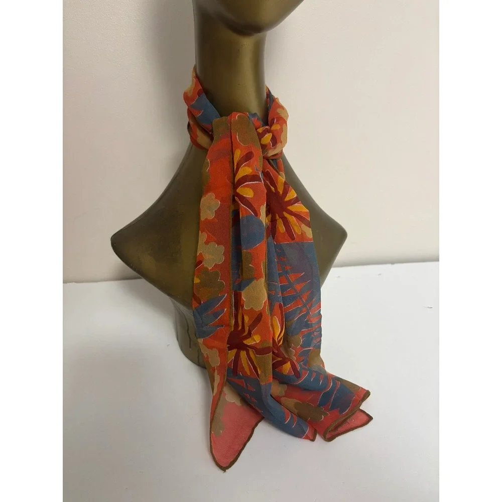 Vera Neumann Vintage Sheer Chiffon Scarf Orange Blue Floral Botanical Scarf